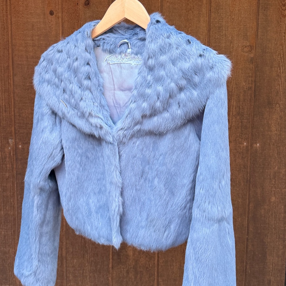 Plush Genuine Rabbit  Cropped Teddy Jacket in Dusty medium blue